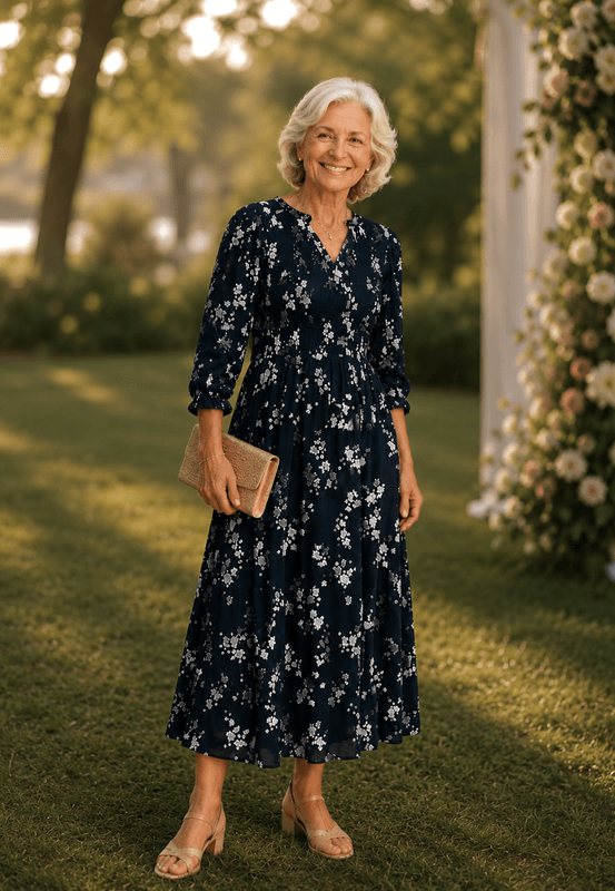 Carla kjole nordisk blomst marineblå